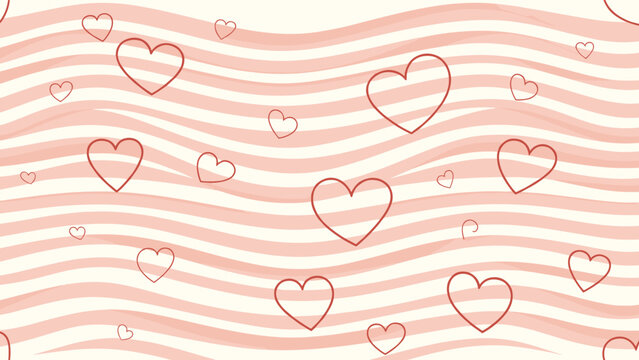 Romantic seamless pattern featuring delicate red heart outlines floating over soft pink and white wavy lines for a sweet love theme.