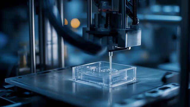 Close-up of a 3D printer's nozzle depositing material into a transparent rectangular mold on a metal platform in a dark industrial setting with blue tones.