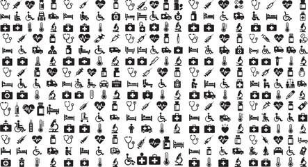 Medical icons and symbols in black on white background for healthcare and medicine concepts