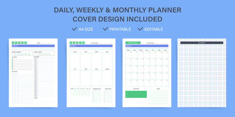 Daily weekly monthly planner printable template set. Grid design with colourful stripes, habit and mood tracker, priorities, to-do lists and planner cover, perfect for scheduling and productivity.
