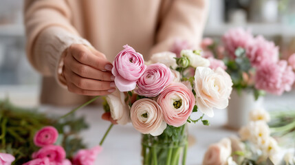 Close-up of faceless hands arranging a floral centerpiece with ranunculus, International Women's Day  concept, professional floristry, bright studio lighting, soft pastel palet