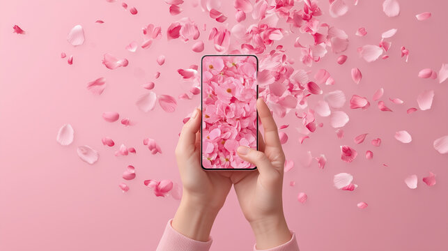 Faceless hands holding a smartphone with a spring greeting on screen, International Women's Day concept, digital celebration, surrounded by petals and lace, bright aesthetic, - Powered by Adobe