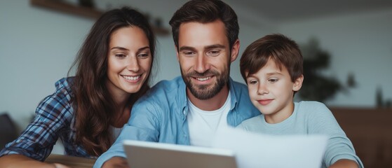 Happy family enjoying quality time while looking at a tablet in a cozy living room