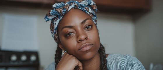 Thoughtful Black Woman with Headscarf Looking Directly at Camera in Indoor Setting