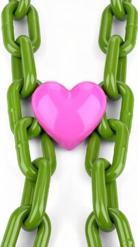 Plastic green chains holding a pink heart shape on bright white background for concepts of love, strength and unbreakable bond