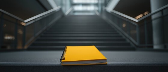 Yellow Notebook on Dark Steps of Contemporary Building Interior Design Space