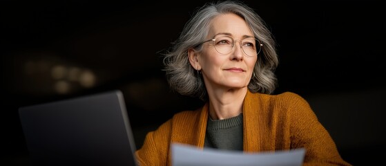 Thoughtful Senior Woman Working on Laptop in Cozy Home Office Setting