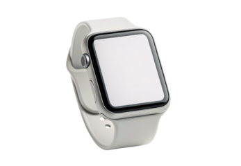 Silver smartwatch with white band shown at angle, isolated on a transparent background