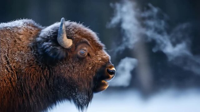 Bison profile exhaling vapor in winter forest