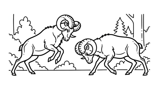Two rams fighting in forest landscape illustration