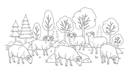 Flock of sheep grazing peacefully in serene forest landscape