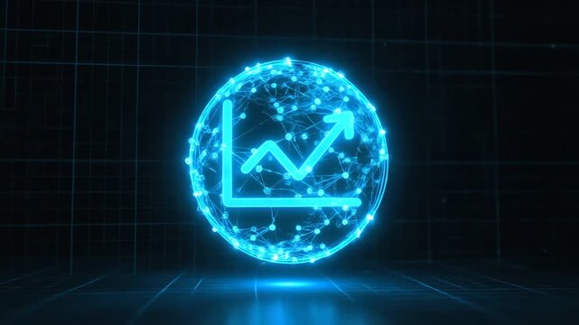 Glowing blue neon graph icon with upward trend line on a dark grid background with blue light reflections.