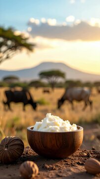 Shea butter in a wooden bowl with shea nuts sits on the ground against a backdrop of grazing cattle in a field with scattered trees and a distant mountain