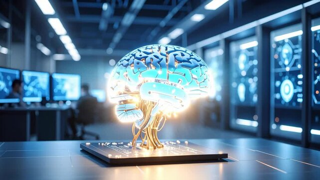 Artificial intelligence brain illuminating a digital interface in server room, futuristic technology for neural network and machine learning