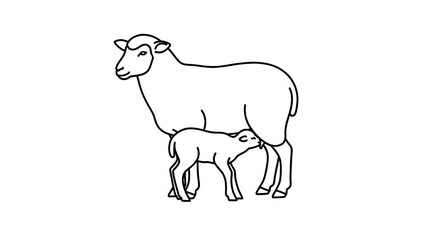 Mother sheep nursing adorable lamb in simple line art style