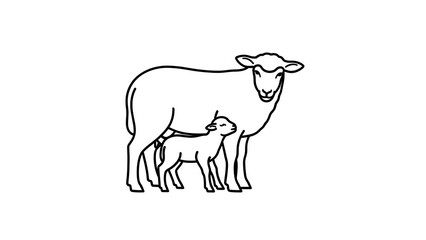 Lamb nursing under adorable mother sheep in simple black line art