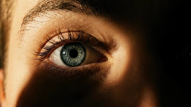 Extreme close up of a human blue eye looking directly at camera with dramatic cinematic lighting and high detail of the iris and skin texture
