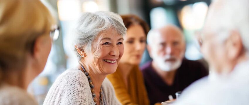 A group of happy senior sitting together in a cozy coffeehouse, laughing and chatting, friendship, social connection, joyful 