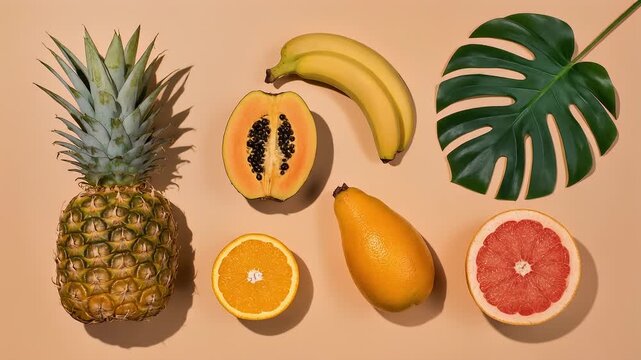 A vibrant overhead shot displays fresh fruits, a pineapple, papaya, banana, orange slice, and grapefruit half arranged with a large green leaf