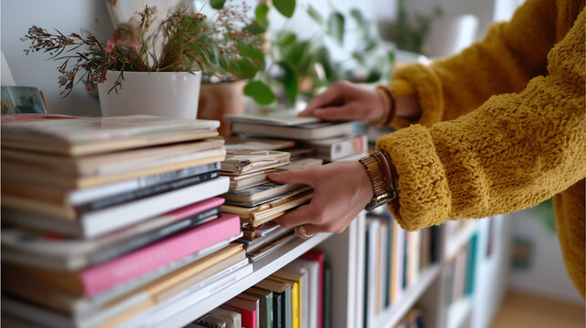 Faceless hands sorting through old books on a bookshelf, making space for new items, Spring Cleaning concept, organized and thoughtful, cozy home library feel, with copy space