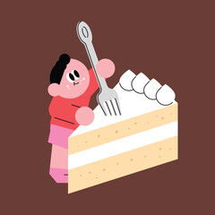 Cute kid holding a big fork next to a massive cake slice.