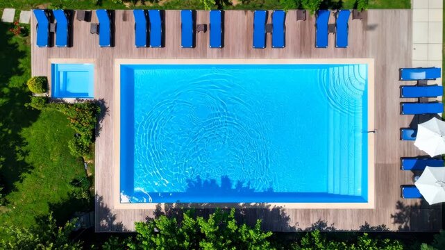 Aerial view of a rectangular swimming pool surrounded by deck chairs and lush green trees on a sunny day, top down shot.
