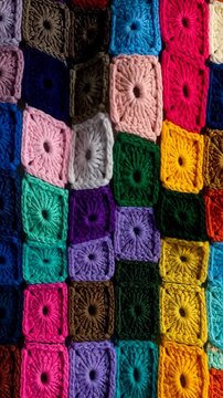 Closeup of colorful crocheted square patchwork blanket, handmade granny squares sewn together with yarn in a variety of vibrant colors.