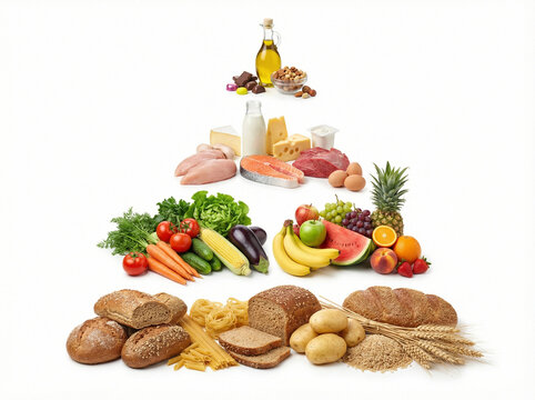Nutrition Pyramid collection of essential food ingredients grouped by dietary category isolated on white studio background.