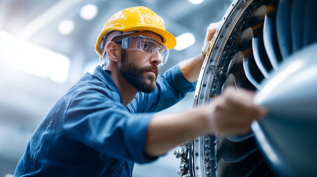 Faceless inspector using a borescope to check the interior of a jet engine, NDT Professionals Day concept, aerospace maintenance hangar, bright high-key lighting, technical experti