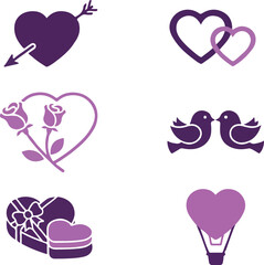   Collection of 6 Minimalist Valentine's Day Icons in Violet Silhouettes for 2026 Romantic Celebrations 2026 