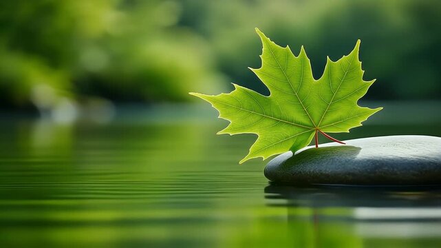 A vibrant, sunlit green maple leaf rests on a smooth stone in calm water. The blurred background shows a lush green forest