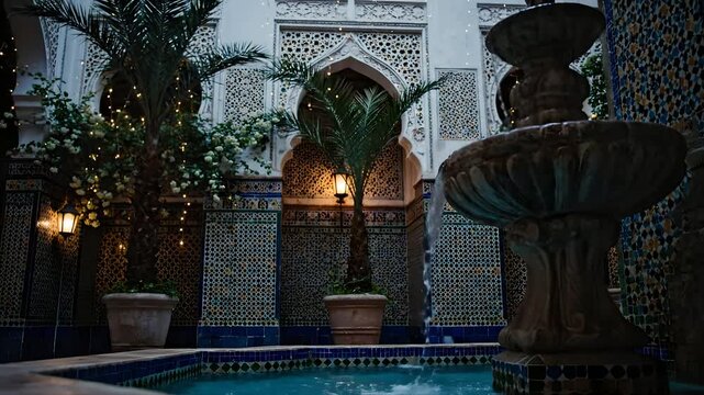 Ornate Moroccan riad courtyard features a flowing fountain, lush palm trees, and atmospheric string lights, perfect for luxury travel, spa retreats, and cultural ambiance.