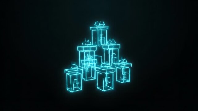 Neon-lit 3D wireframe illustration of stacked boxes in cyan against a dark background.