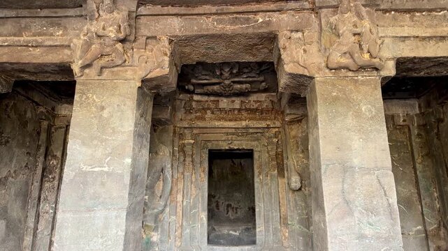 Jain rock cut cave temples at Ellora Caves in Maharashtra India, UNESCO World Heritage religious architecture
