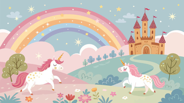 Magical unicorns prance under colorful rainbow near fairy tale castle