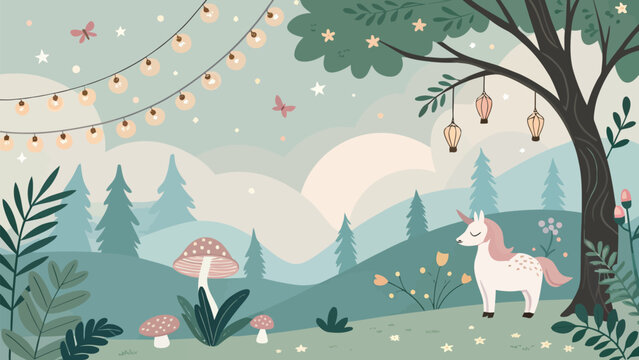 Magical unicorn standing under tree with string lights in whimsical forest