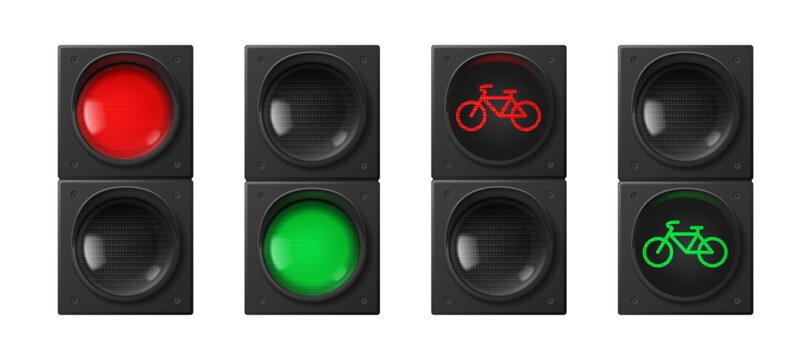 Urban traffic lights set isolated on white background. Vector realistic illustration of red stop and green go signals for pedestrians, transport and bicycle, semaphore lights, street warning stoplight