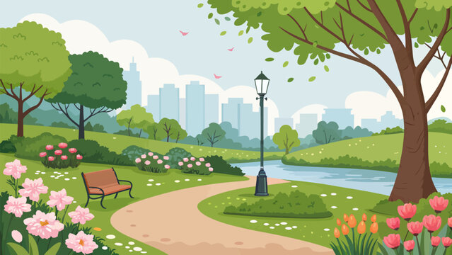 Serene city park with lush greenery and vibrant flowers