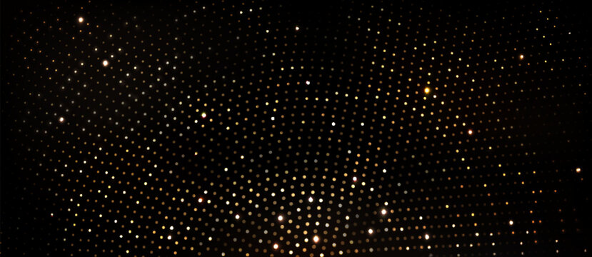 Golden halftone shimmering pattern on black background. Vector realistic illustration of abstract yellow glitter dots and sparkles on dark backdrop, luxury disco party banner, shiny mosaic wallpaper