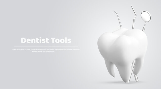 Dental clinic presentation template with tooth mockup and dentistry tools on grey background. Vector realistic illustration of teeth treatment equipment, ad banner design, oral hygiene instruments