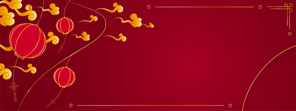 Chinese red envelope design with golden pattern. Vector realistic illustration of traditional Asian angpao with lanterns, gold frames and swirls, oriental greeting card or holiday invitation banner