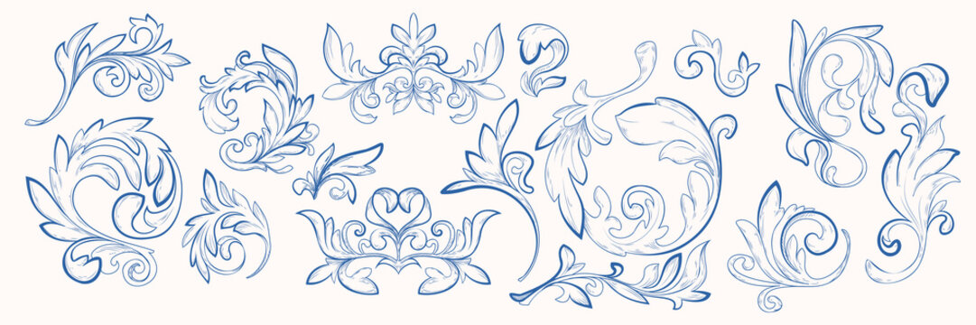 Classical baroque frame ornaments set isolated on white background. Vector illustration of vintage floral border and corner elements with scrolls and leaves, filigree swirl decoration, line art