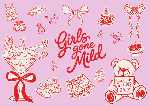 Set of hand drawn Girls Gone Mild Bachelorette theme party doodle icons, Girls Gone Soft Hen Party line art illustrations, Spa pampering icons