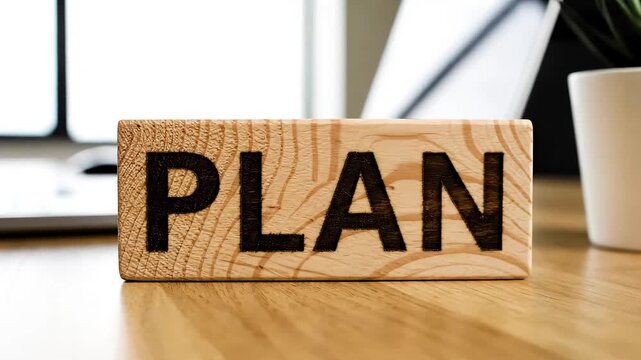 Premium stock footage of wooden block marked PLAN resting on office table