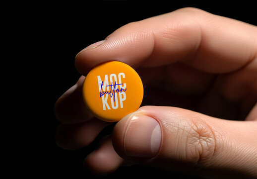 Hand Holding Round Pin Button Badge Mockup