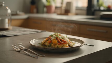 Freshly cooked plant-based dish with colorful veggies, served with cutlery on a warm table, set against a bright home kitchen backdrop.