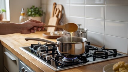 Clean culinary setup with boiling cookware, wooden countertop, and tiled backsplash, evoking warmth and domestic rhythm.