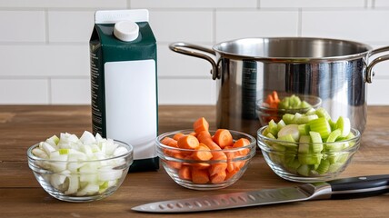 Flat lay of mirepoix ingredients with a chef&rsquo;s knife, broth carton, and fresh vegetables arranged on a wooden countertop in soft daylight.