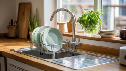 Clean kitchen setup with double-basin sink, curved faucet, and organized accessories, framed by natural light and white tiled walls.