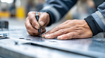 Close-up of faceless hands placing a lead marker on a metal plate for radiographic testing, NDT Professionals Day concept, industrial safety protocols, sharp focus on metallic text